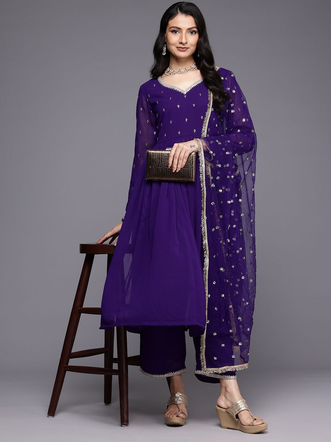 Dhiyona VA Embroidered Empire Zari Kurta With Palazzos & Dupatta