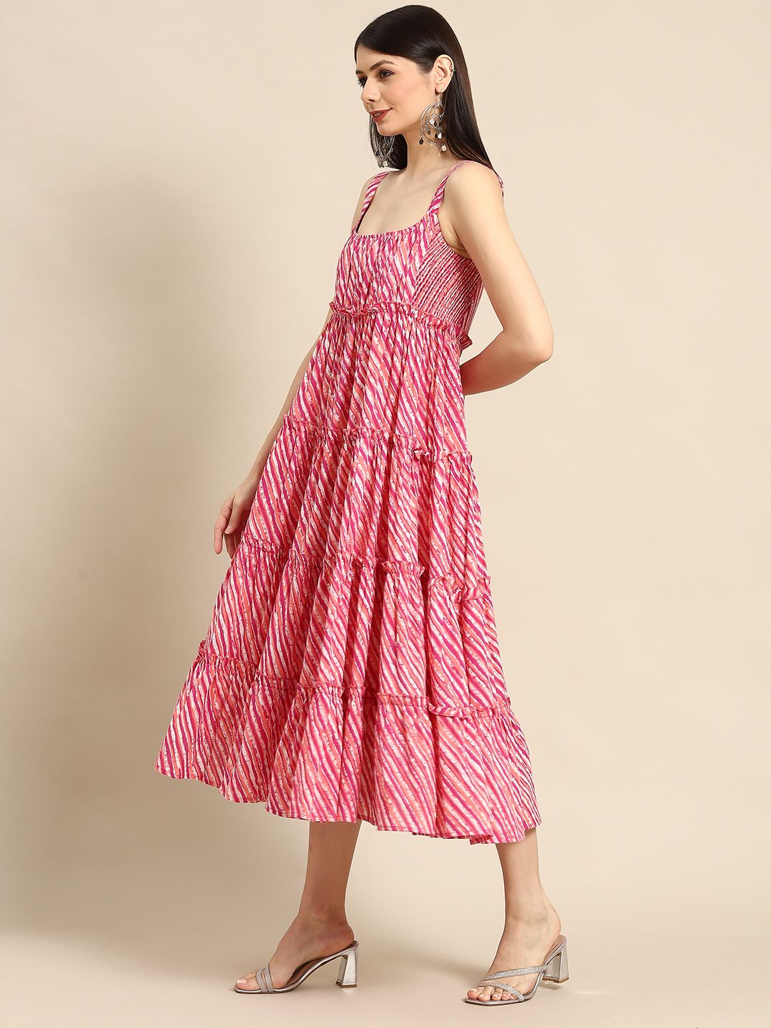 Dhiyona AY Women's Pink & White Leheriya Printed Ruffle Pure Cotton Tiered A-Line Midi Dress