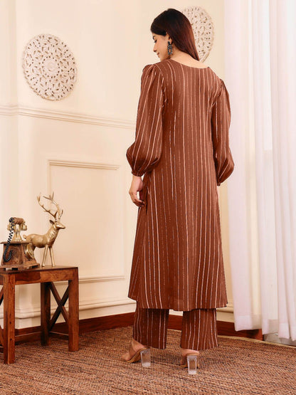 Brown Striped V-Neck A-Line Kurta With Trousers