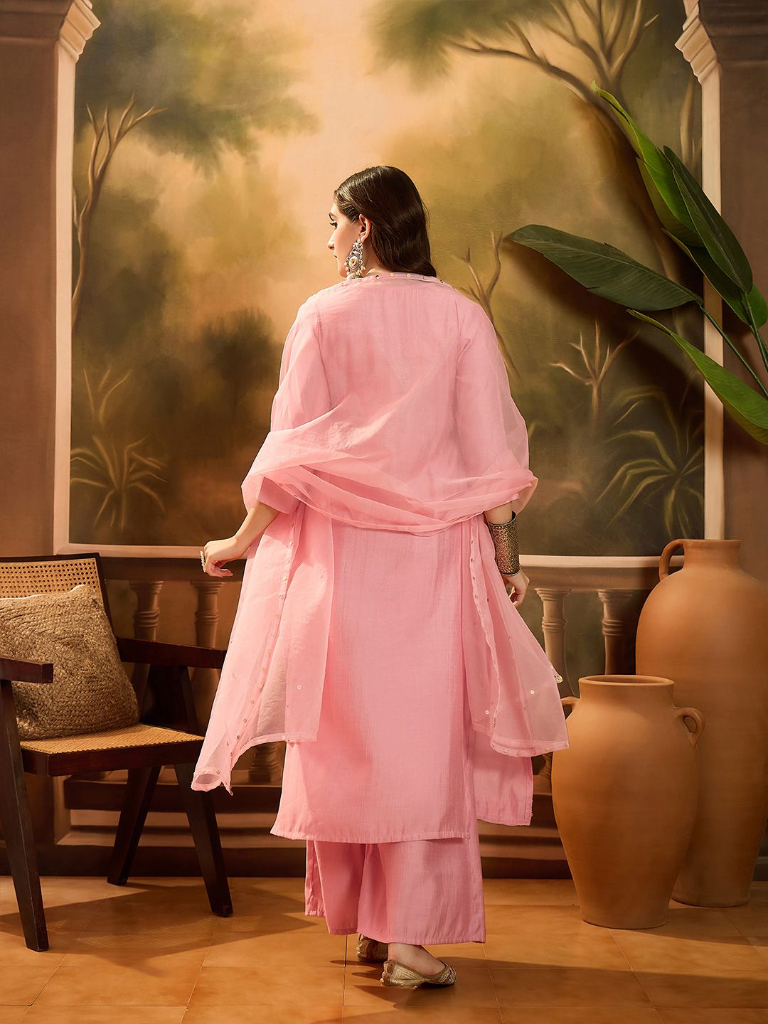 Dhiyona SN Notch Neck Sequinned Empire A-Line Kurta & Palazzo With Dupatta