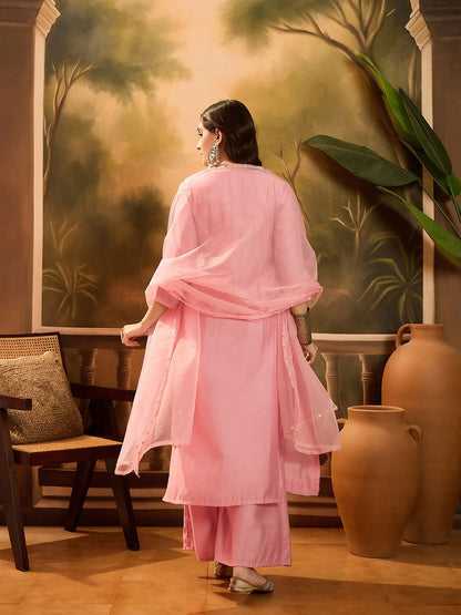 Dhiyona SN Notch Neck Sequinned Empire A-Line Kurta & Palazzo With Dupatta