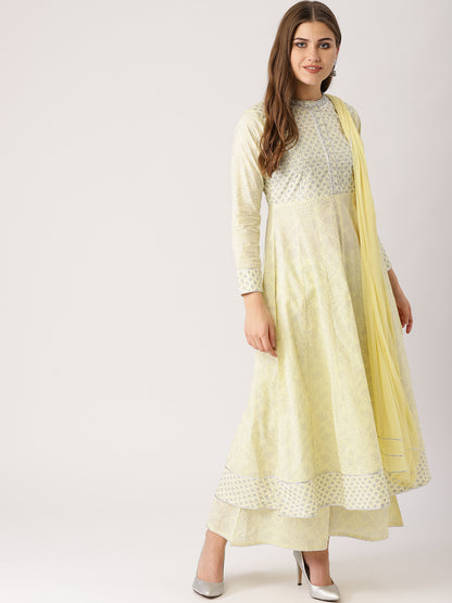 Women Yellow & White Printed Kurta with Palazzos & Dupatta