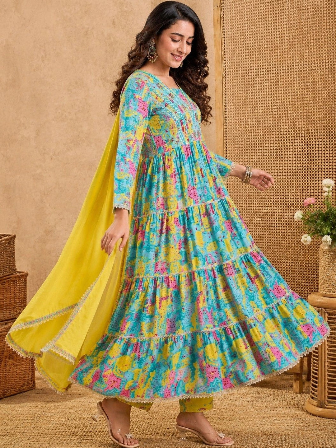 Printed Mirror Work Anarkali Kurta Set With Tasseled Dupatta