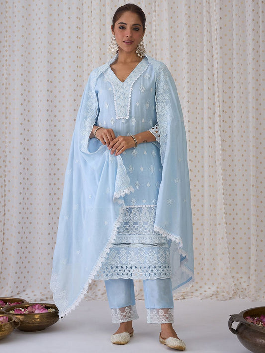 Blue Floral Embroidered Thread Work Pure Cotton Kurta With Trousers & Dupatta