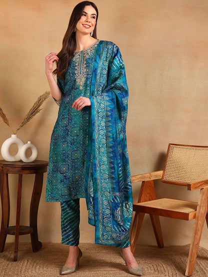 Dhiyona KL Ethnic Motifs Printed Thread Work Straight Kurta With Trouser & Dupatta