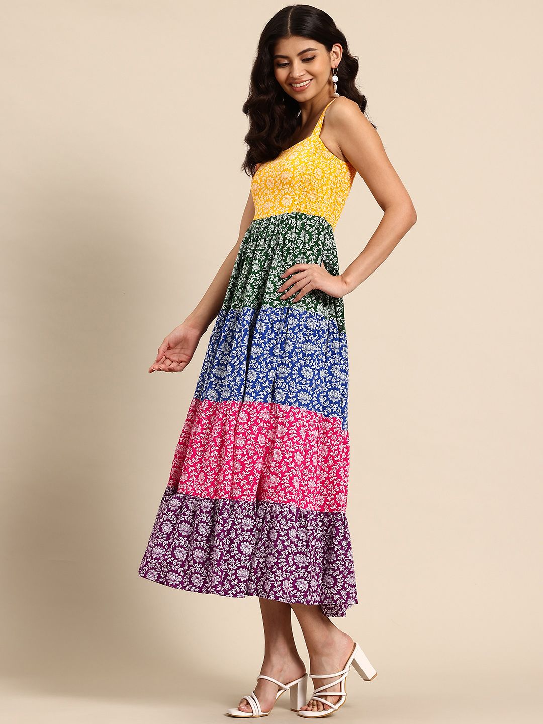 Dhiyona AY Women's Floral Printed Tiered Fit & Flare Midi Ethnic Dress