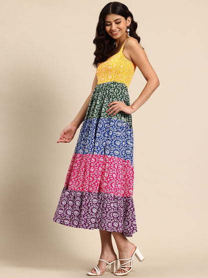 Dhiyona AY Women's Floral Printed Tiered Fit & Flare Midi Ethnic Dress