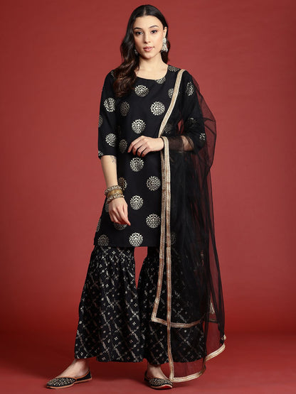 Dhiyona AN Tyohaar Foil Print Kurta with Sharara & Dupatta