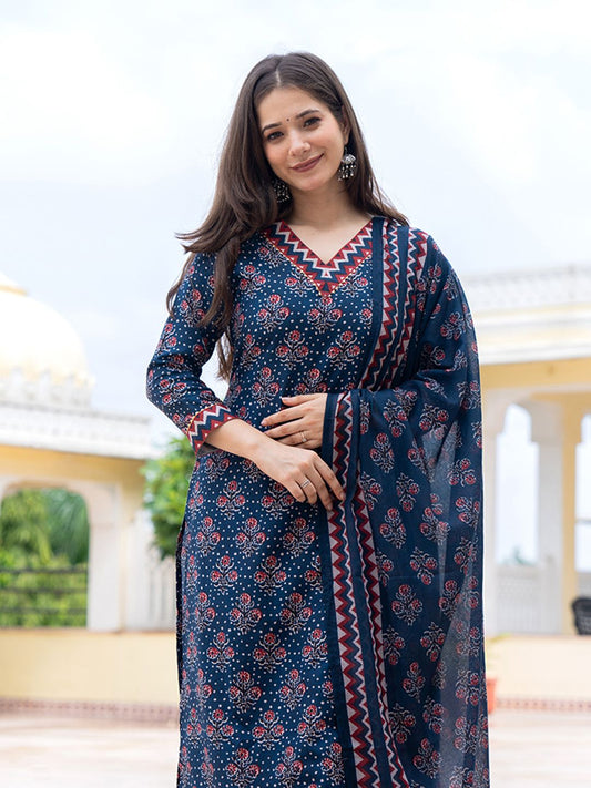 Dhiyona KL Floral Printed Straight Kurta With Trousers & Dupatta