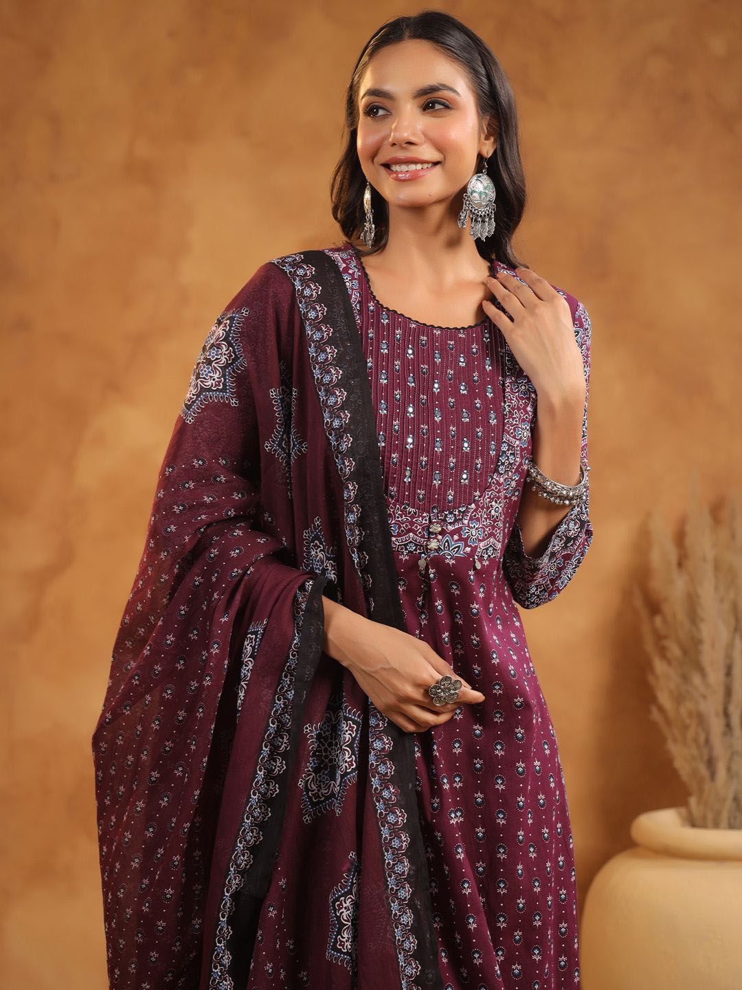 Dhiyona IE Floral Printed Pure Cotton Kurta With Trousers And Dupatta