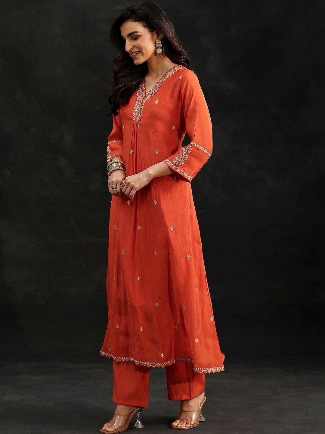 Orange Embroidered Chanderi Cotton A-Line Suit Set