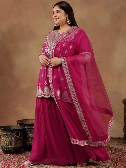 Dhiyona IN Plus Size Embroidered Sequin Georgette Straight Kurta With Sharara & Dupatta