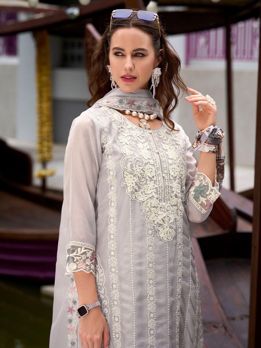 Dhiyona IE Floral Embroidered Sequinned Straight Kurta with Trouser & Dupatta