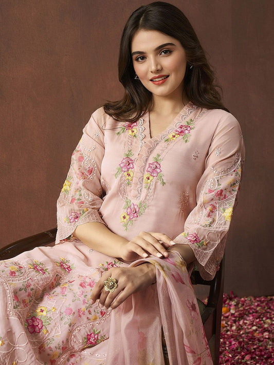 Dhiyona IS Women's Women Floral Embroidered Regular Kurta with Trousers & With Dupatta