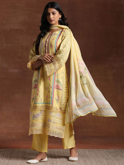 Dhiyona LL Floral Printed Notch Neck Beads And Stones Straight Kurta With Palazzos And Dupatta