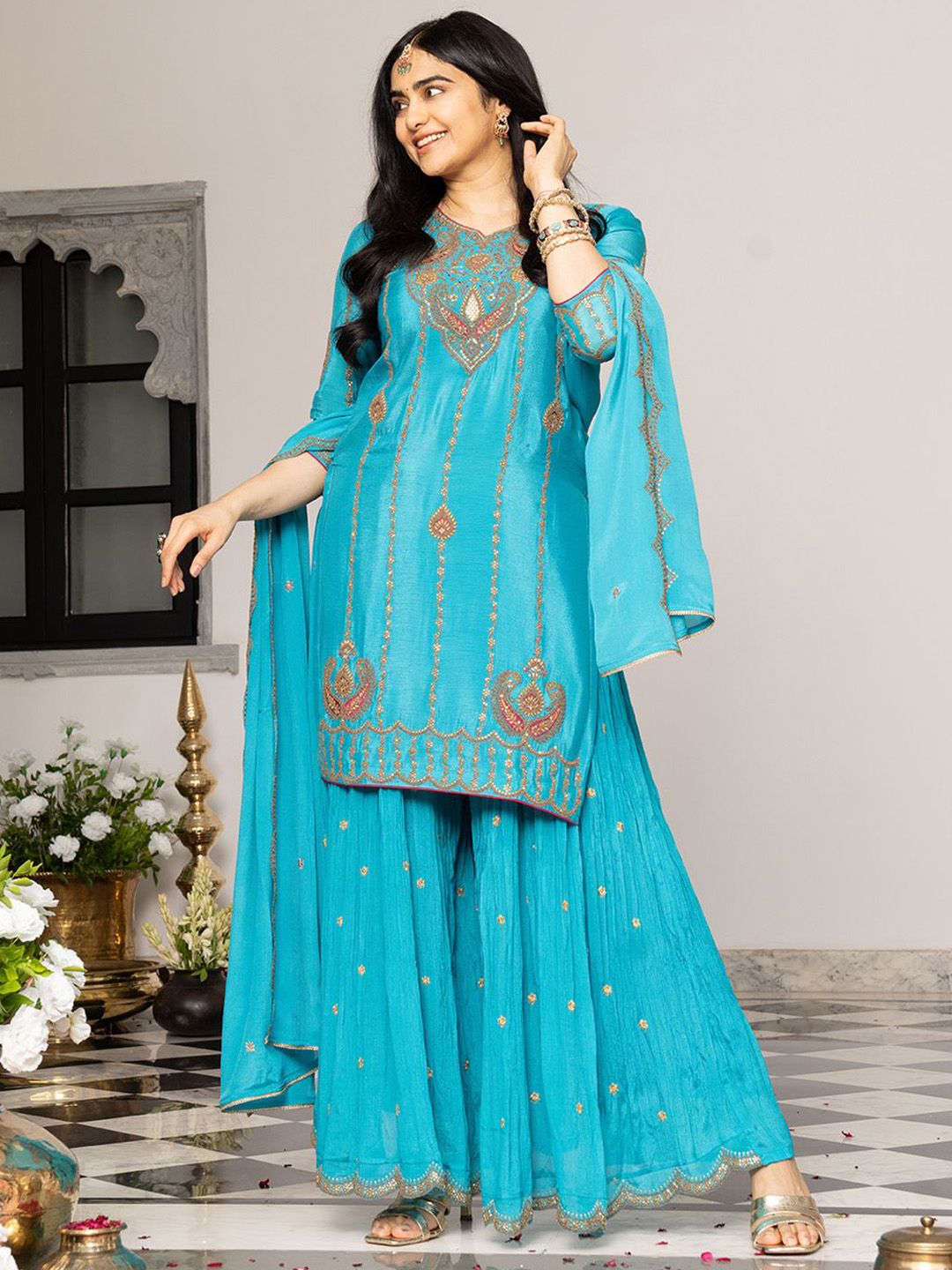 Dhiyona CH Embroidered Kurta with Plazzo and Dupatta