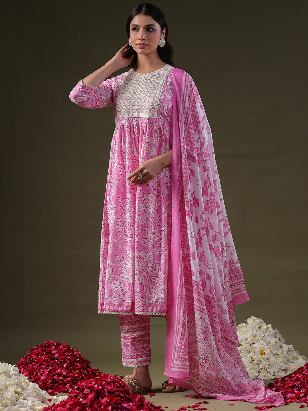 Floral Embroidered Round Neck Sequinned Pure Cotton A-Line Kurta Set