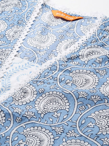 Floral Printed Pure Cotton Kurta with Trousers & With Dupatta