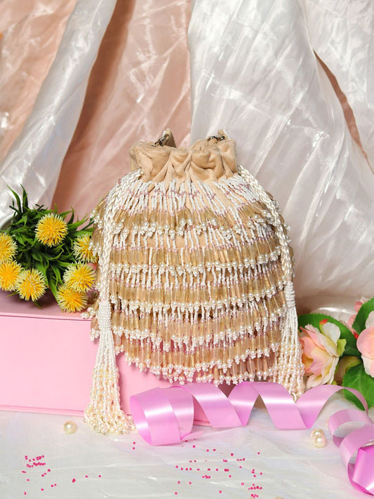 Dhiyona NR Women Gold-Toned & White Embroidered Tasselled Potli Clutch