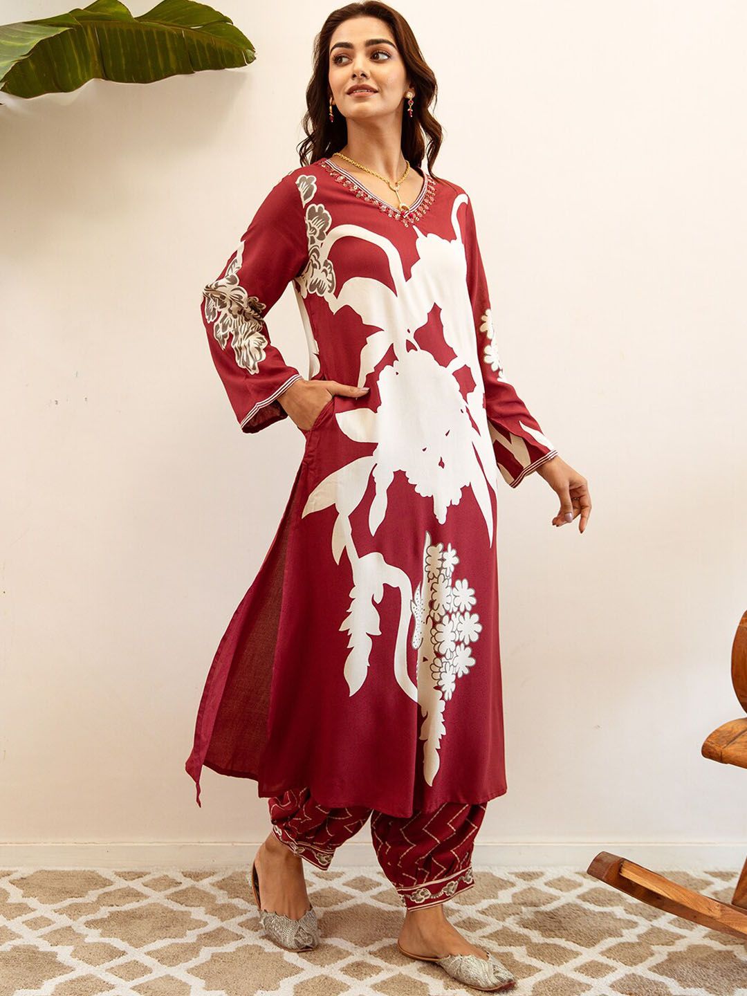 Dhiyona IS Women's Quirky Printed Beads and Stones Pure Cotton Kurta With Trousers & Dupatta