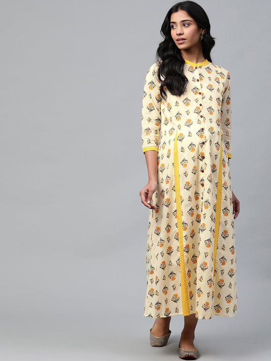 Dhiyona AY Women's Yellow Block Print Pure Cotton Maxi Nursing Dress