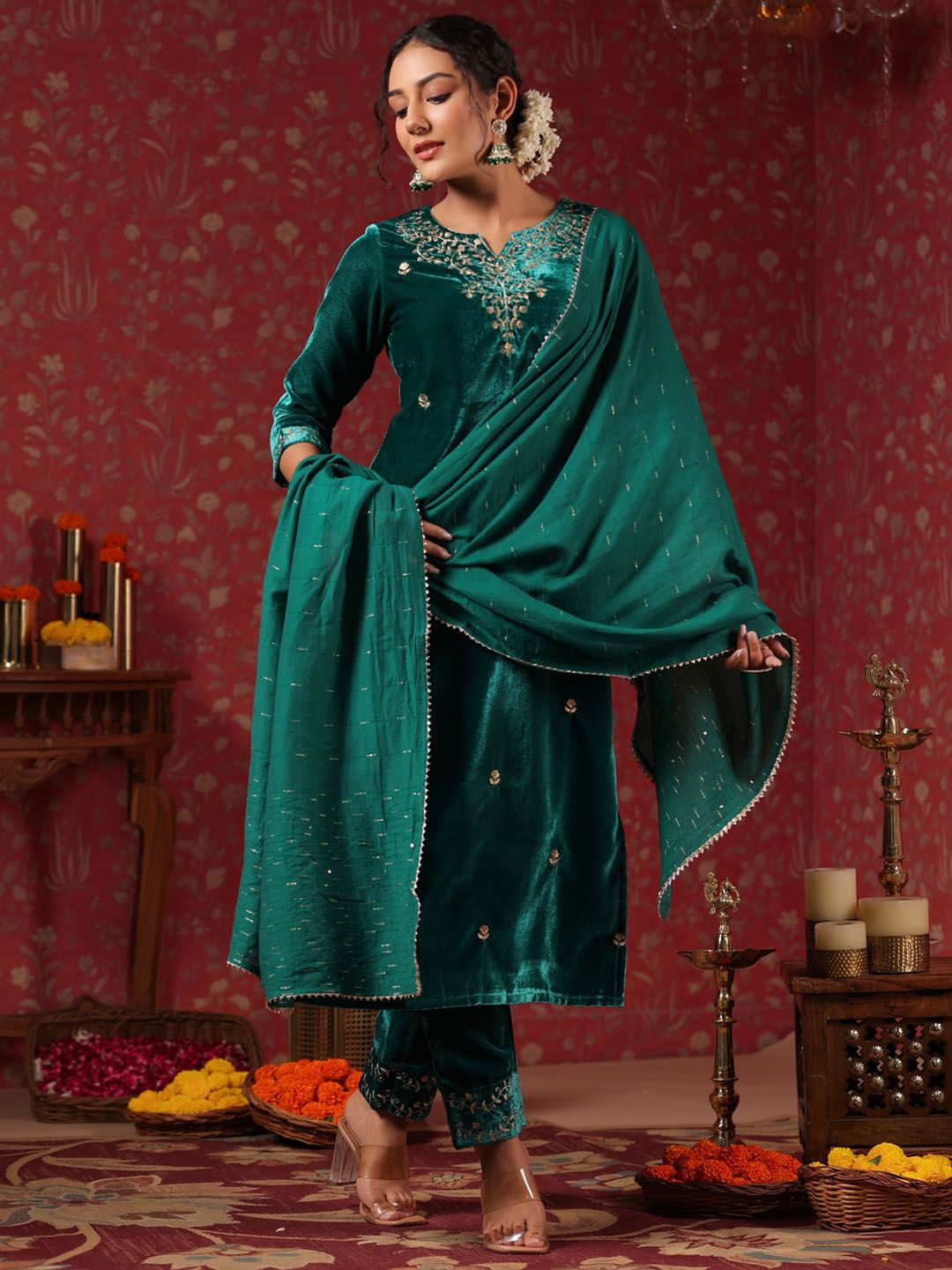 Dhiyona IS Women's Teal Ethnic Motifs Embroidered Thread Work Velvet Kurta With Trousers & Dupatta