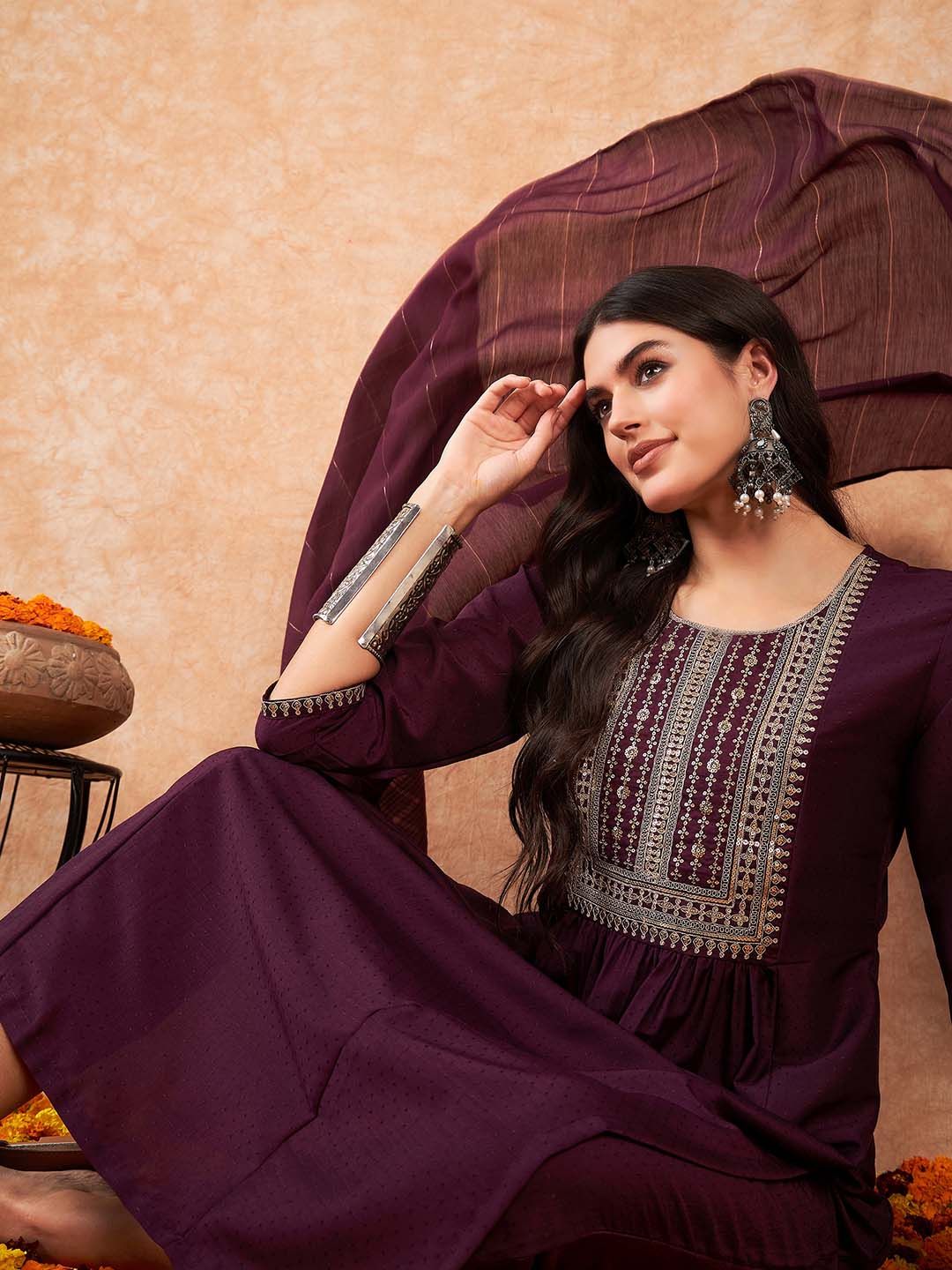 Dhiyona IE Women Yoke Design Empire Sequinned Kurta with Trousers & Dupatta