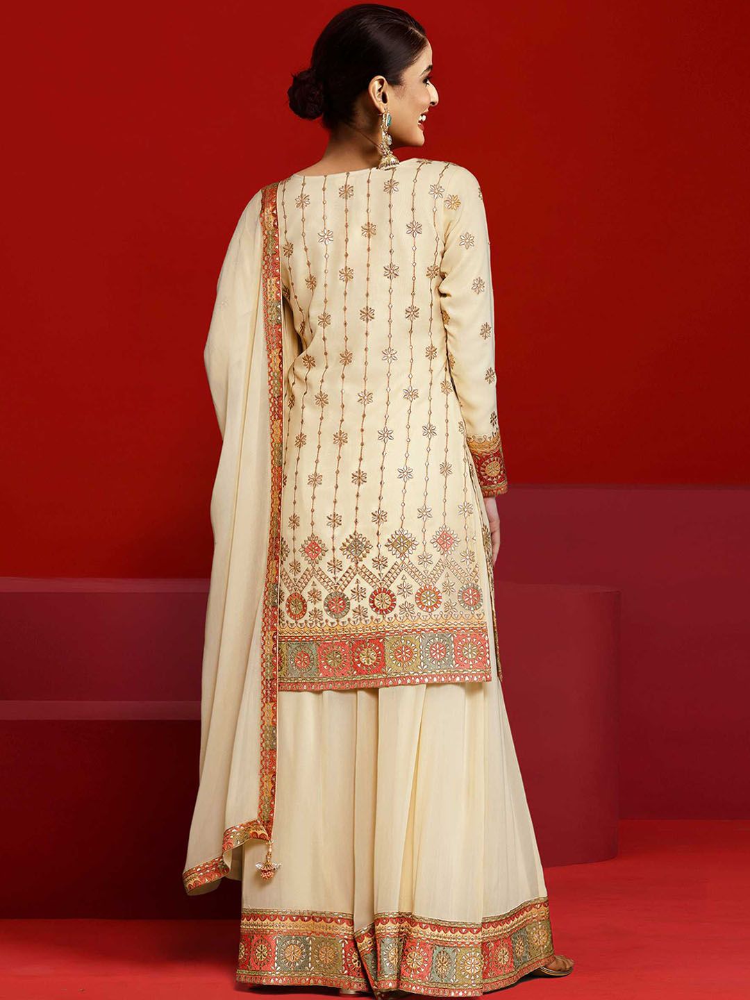 Dhiyona LL Ethnic Motifs Zari Embroidered Georgette Straight Kurta With Palazzos & Dupatta