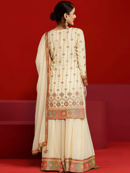 Dhiyona LL Ethnic Motifs Zari Embroidered Georgette Straight Kurta With Palazzos & Dupatta