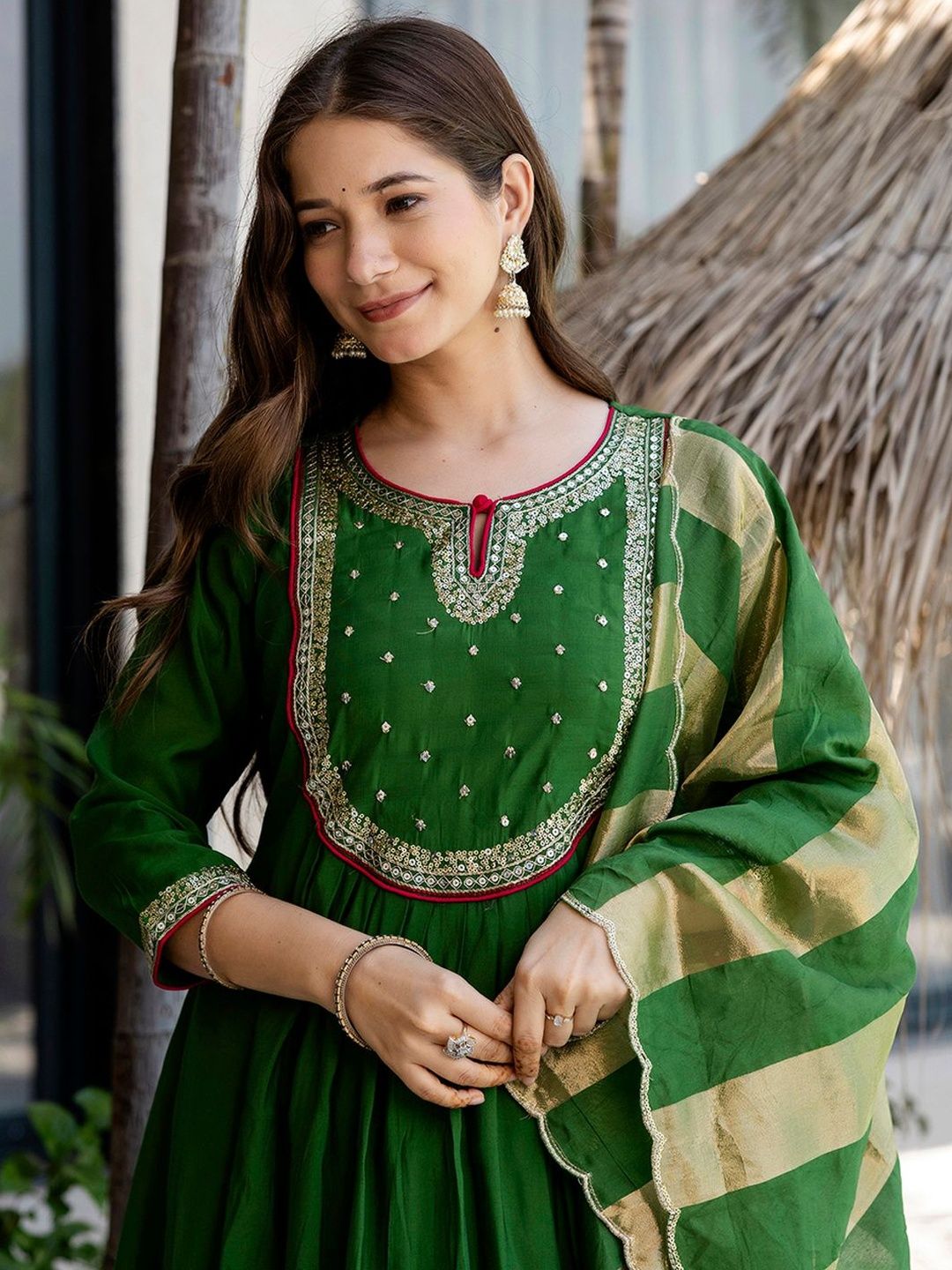 Dhiyona KL Ethnic Motifs Embroidered Sequinned Chanderi Silk Kurta With Trousers & Dupatta
