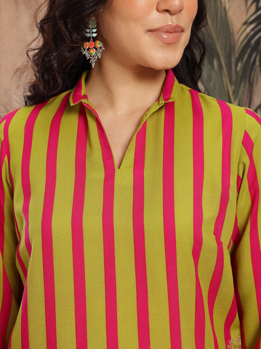Vertically Striped Zari & Sequinned Detail Straight Kurti with Palazzos