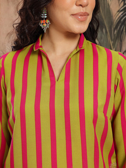 Vertically Striped Zari & Sequinned Detail Straight Kurti with Palazzos