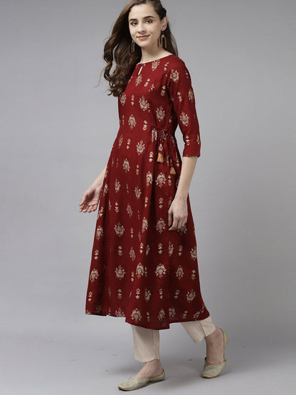 Dhiyona IE Women Maroon Ethnic Motifs Printed Keyhole Neck Anarkali Kurta