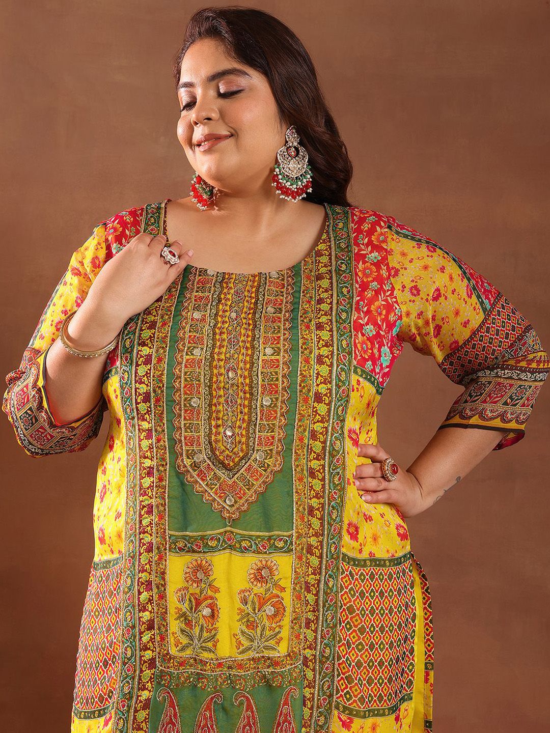 Dhiyona Women's Plus Size Ethnic Motifs Printed Kurta with Palazzos & Dupatta