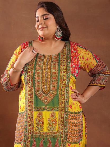 Dhiyona Women's Plus Size Ethnic Motifs Printed Kurta with Palazzos & Dupatta