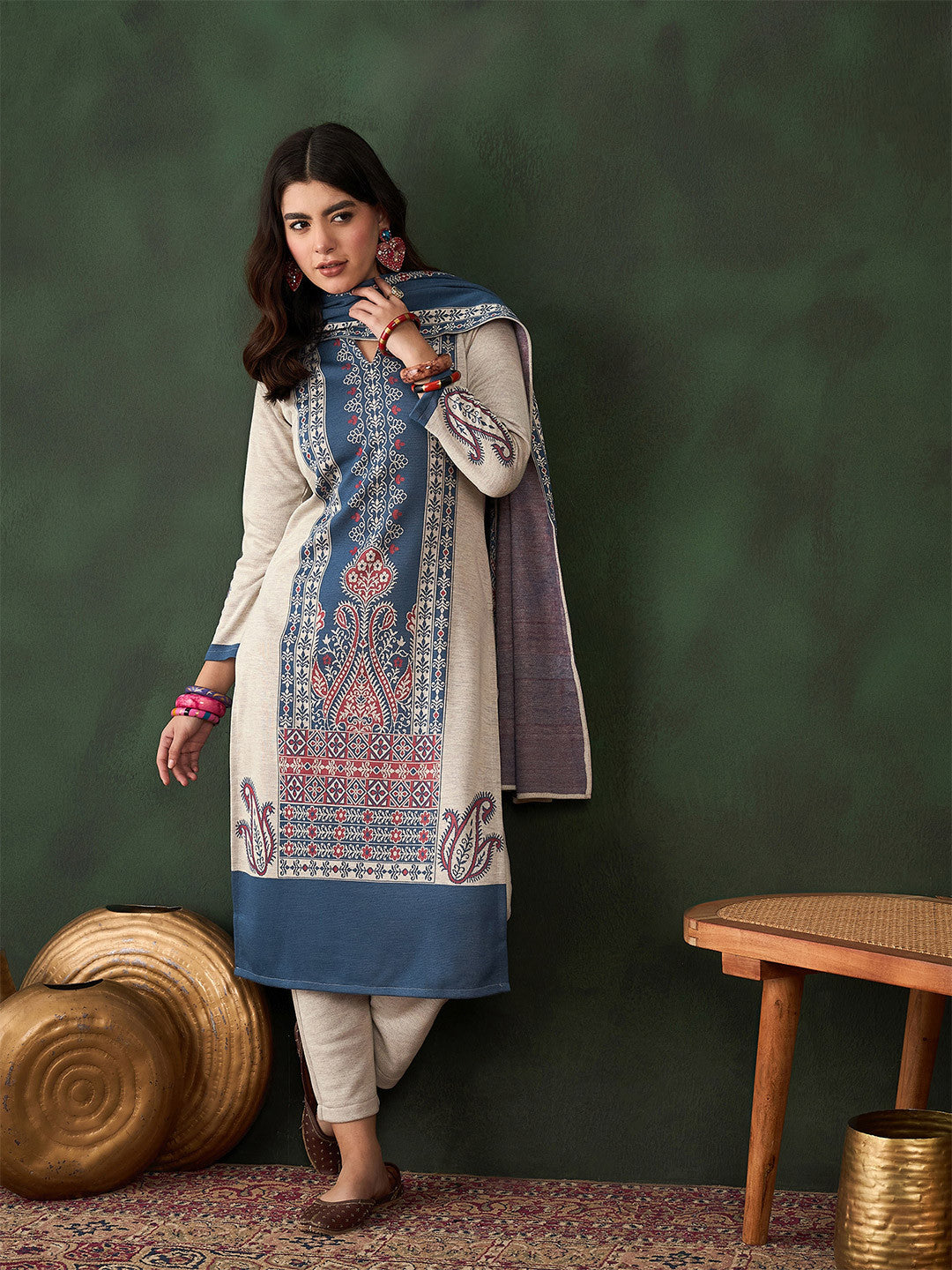 Floral Woven Design Winter Kurta & Trousers With Dupatta
