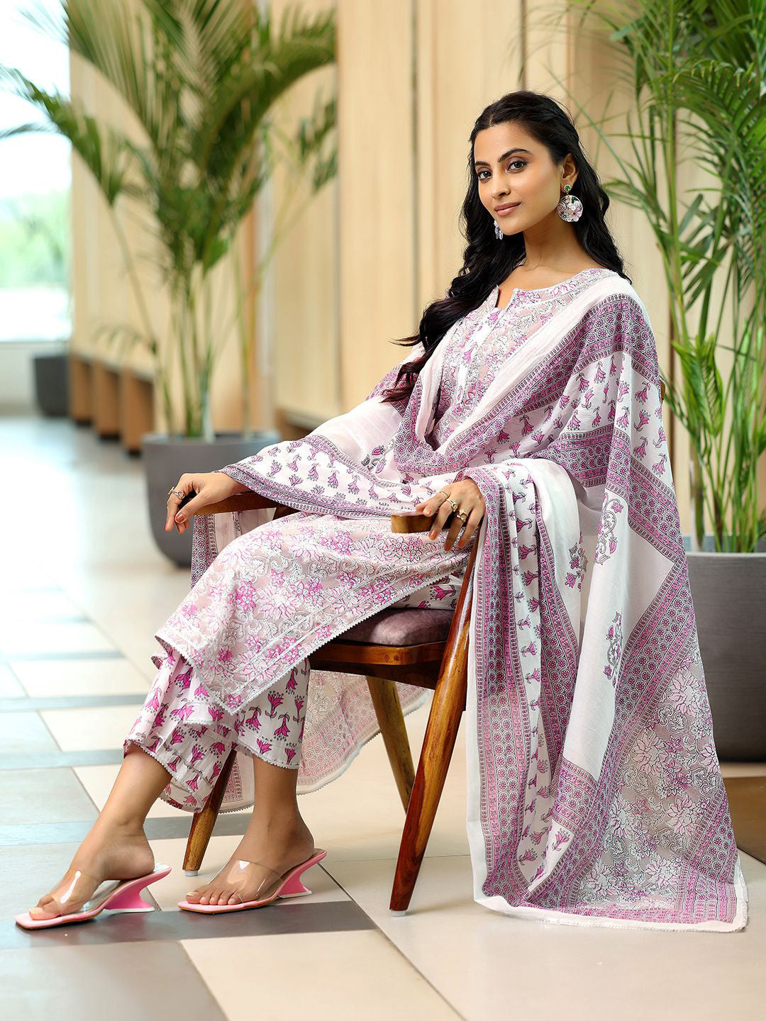 Floral Printed Straight Gotta Patti Pure Cotton Kurta with Palazzos & Dupatta