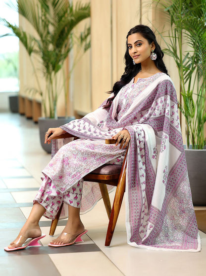 Floral Printed Straight Gotta Patti Pure Cotton Kurta with Palazzos & Dupatta