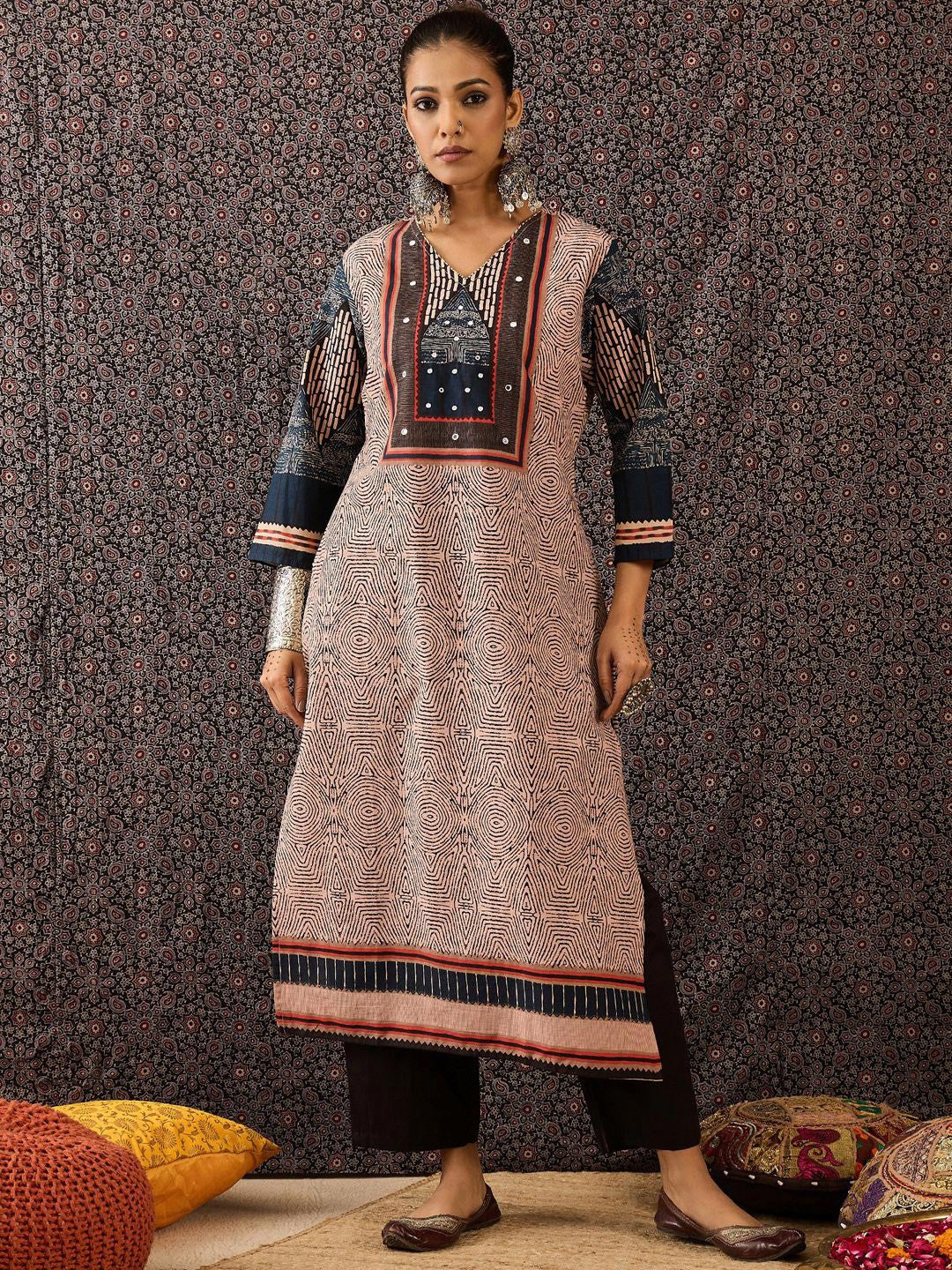 Women Ethnic Motifs Printed Regular Beads and Stones Pure Cotton Kurta with Trousers & With Dupatta