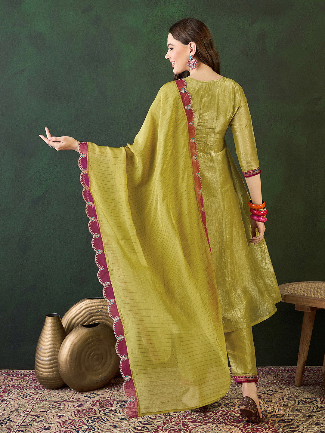 Floral Embroidered A-Line Kurta Trouser With Dupatta