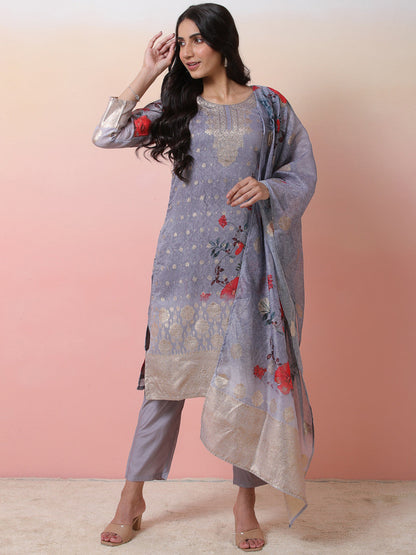Floral Printed Chanderi Silk Straight Kurta & Trousers With Dupatta