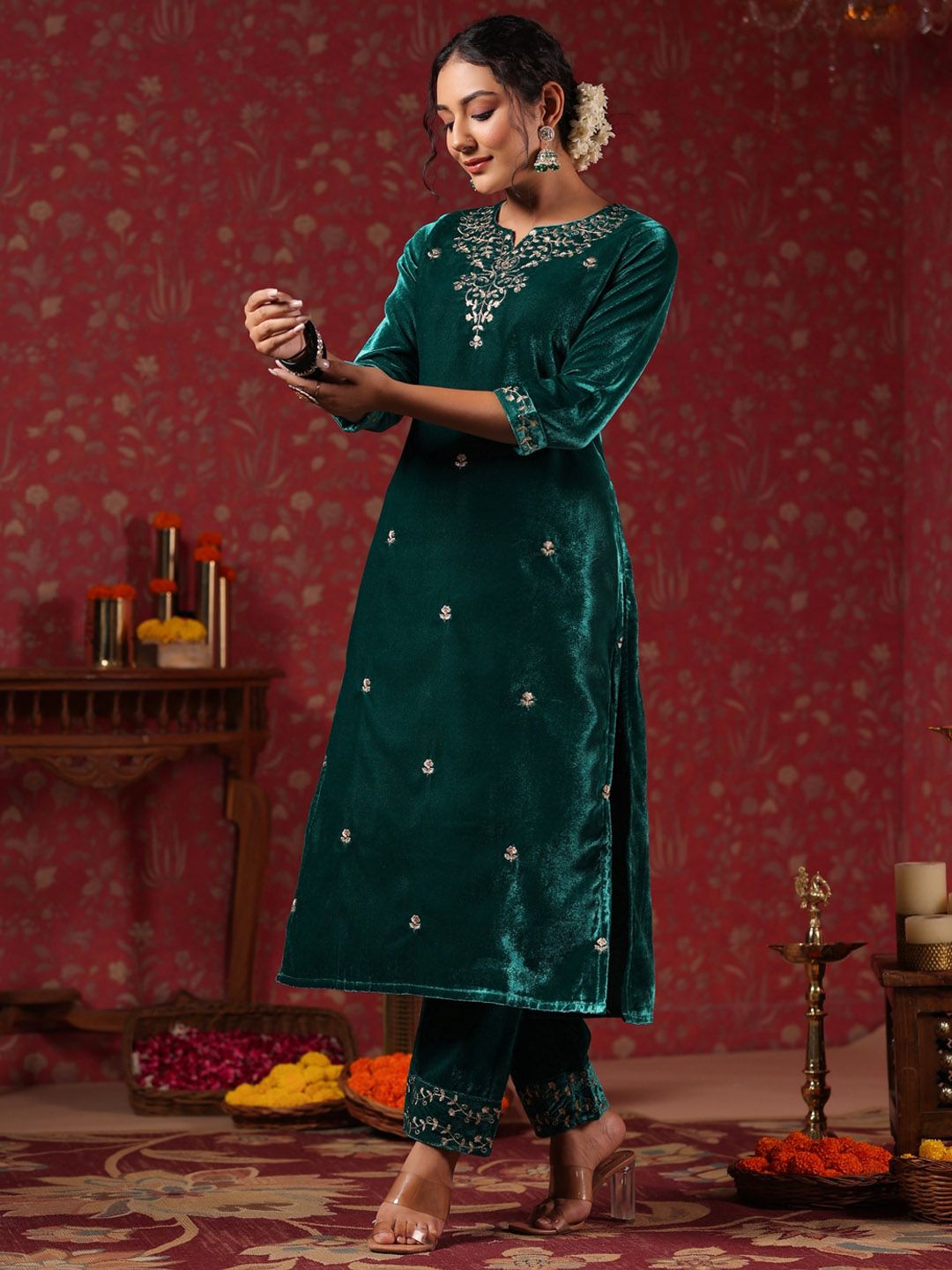Dhiyona IS Women's Teal Ethnic Motifs Embroidered Thread Work Velvet Kurta With Trousers & Dupatta
