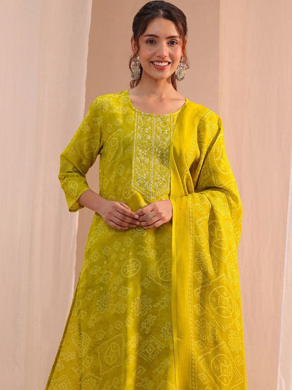 Women Bandhani Printed Regular Thread Work Kurta with Trousers & With Dupatta