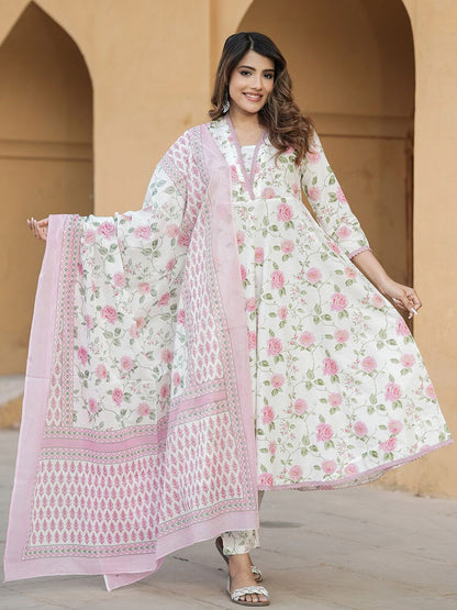 Dhiyona KL Women Floral Printed Regular Thread Work Pure Cotton Kurta with Trousers & Dupatta