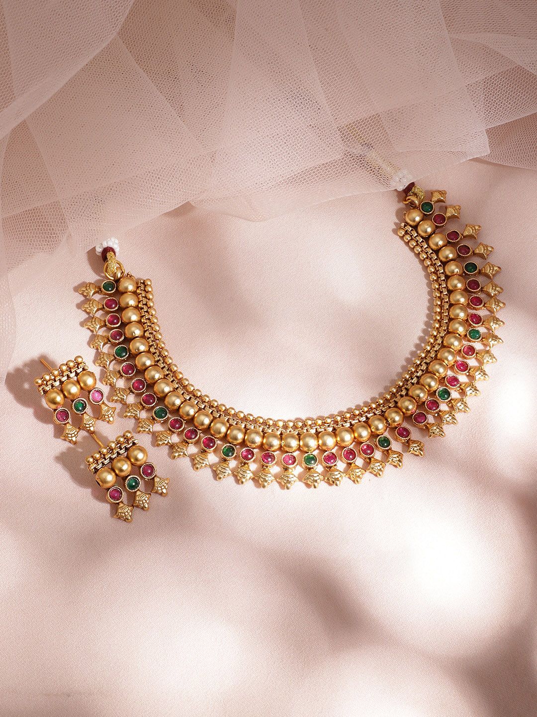 Dhiyona RJ Women's 22KT Gold Plated Brass Red & Green Stone Studded Necklace Set