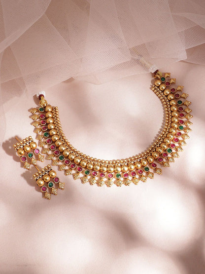 Dhiyona RJ Women's 22KT Gold Plated Brass Red & Green Stone Studded Necklace Set