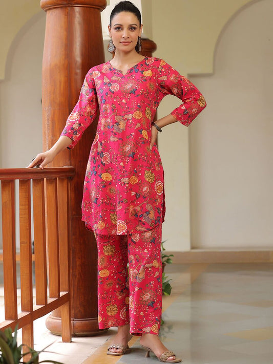 Dhiyona RR Women's Floral Printed Regular Pure Cotton A-Line Kurta with Trousers