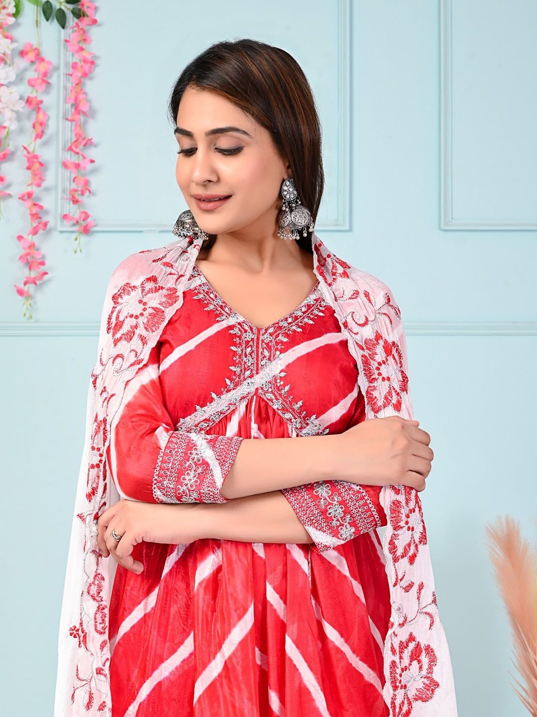 Dhiyona SN Red & White Leheriya Printed Thread Work Silk Kurta With Sharara & Dupatta