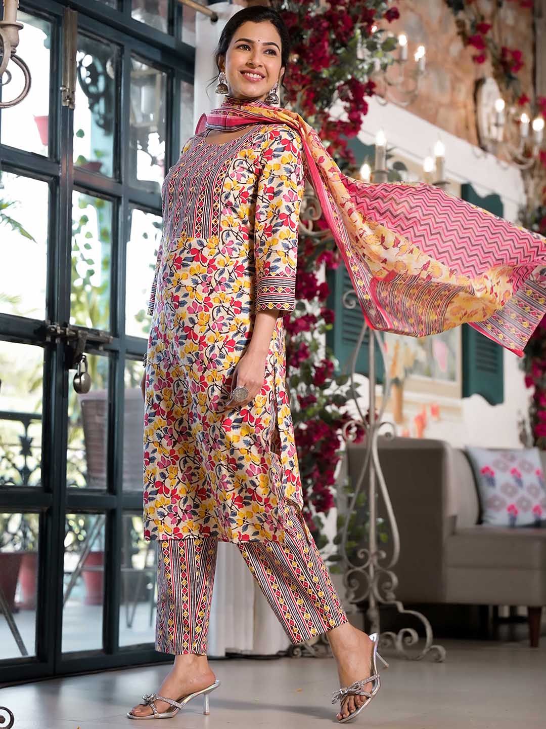 Dhiyona KL Floral Printed Regular Mirror Work Pure Cotton Kurta With Trouser & Dupatta