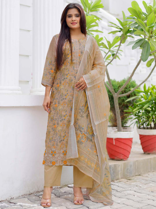 Floral Printed Regular Beads and Stones Chanderi Silk Kurta with Trousers & Dupatta